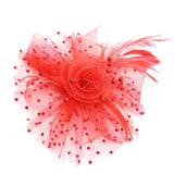 Maxbell women Flower Mesh Feathers Hair Clip Headwear Headdress for Tea Party Red