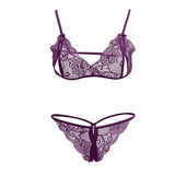 Maxbell Sexy Women Sheer Lace Bra Panties Thong Lingerie Set Nightwear Purple