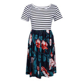 Maxbell Women's Striped Floral Print Short Sleeve Knee Length Dress with Pockets M 5#