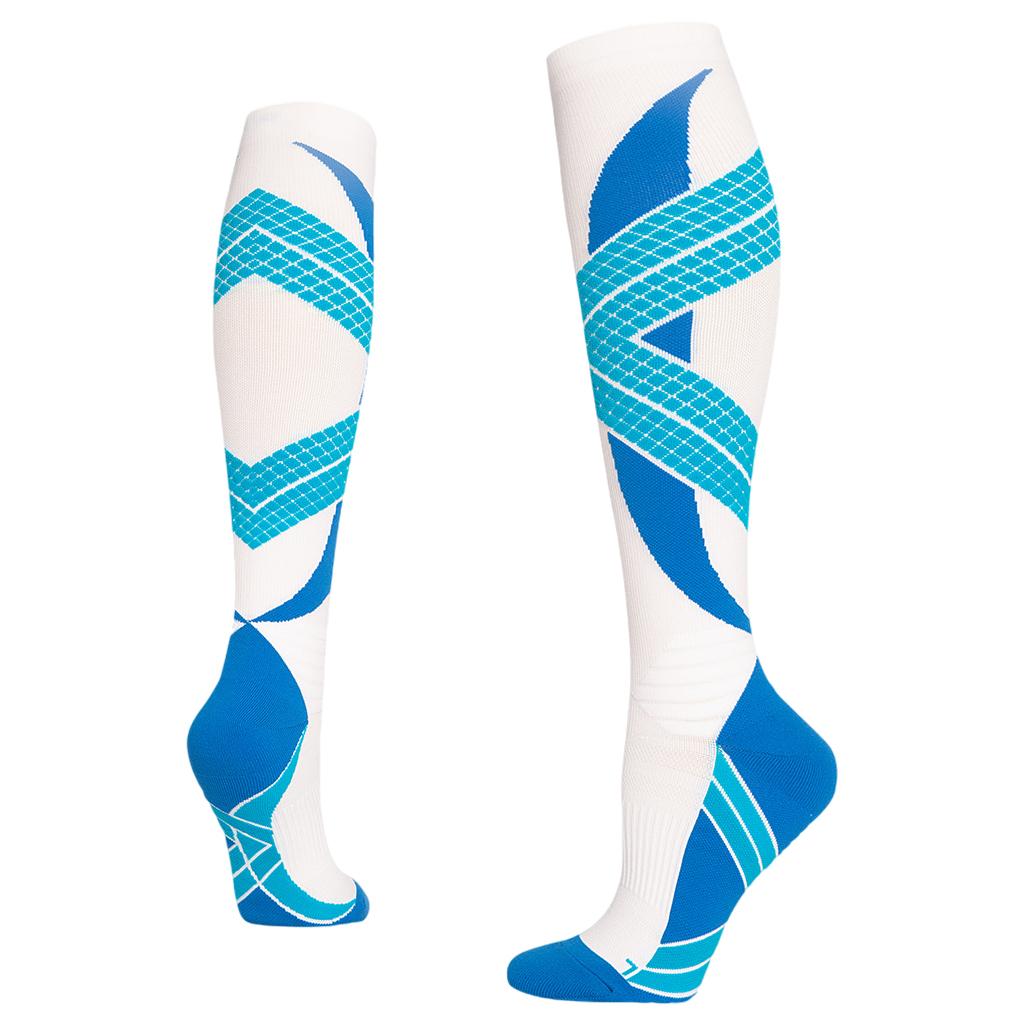 Maxbell 1 Pair Knee High Compression Socks Running Sport Stcok Ankle White Blue L-XL