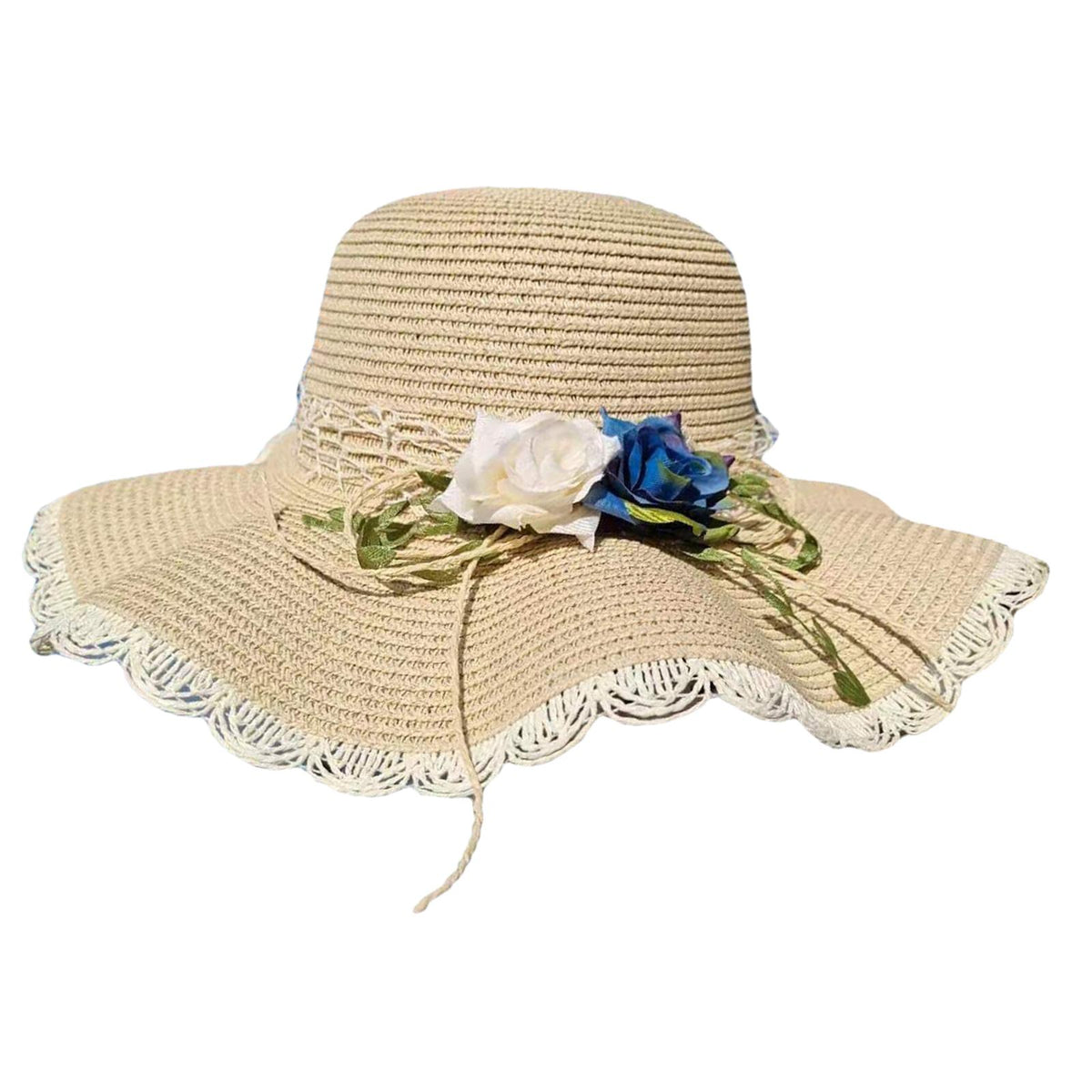 Maxbell Straw Hats Women Wide Brim with Rose Embellishments for Street Holidays Beige
