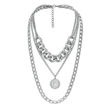 Max Silver Sweater Chain Necklace Chunky Cuban Link Chain with Round Pendant