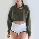 Maxbell Womens Broken Hole Batwing Sleeve Crop Top Pullover Loose Sweatshirt Green M