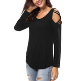 Maxbell Women Strappy Cold Shoulder Tops Long Sleeves T Shirt Blouse Loose Fit Tunic M Black