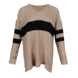 Maxbell Women's Stripe Contrast Color Long Sleeve V Neck Pullover Sweater  Khaki XL