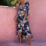 Maxbell Women's Summer Beach Floral V Neck High Split Wrap Long Maxi Dress Navy XL