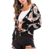 Maxbell Women Floral Printed Zip Up Short Bomber Jacket Coat Stand Collar XL Black Birds