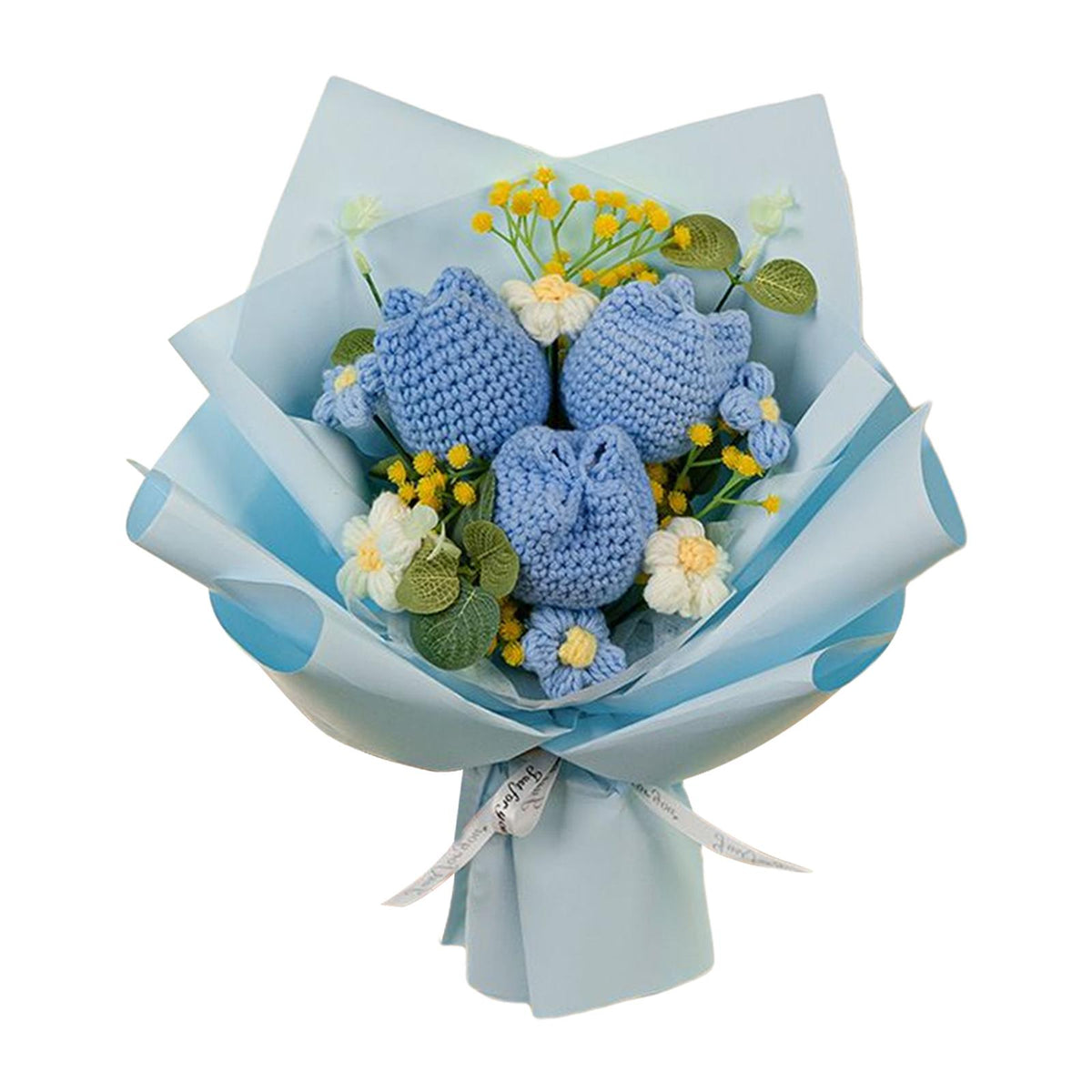 Maxbell Crochet Flower Bouquet Tulips Artificial Flowers for Home Thanksgiving Party Blue