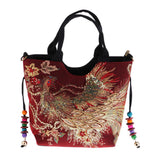 Max Handmade Peacock Embroidery Ethnic Travel Shoulder Bag Women Bags Wine Red