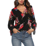 Maxbell Women's V-Neck Bell Sleeve Blouse Floral Print Wrap Front Top Shirt M Black