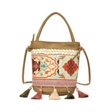 Maxbell Women Embroidered Shoulder Bag with Tassels Handbag Canvas Crossbody Bags Khaki