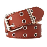 Maxbell Double Grommet Belt PU Leather Punk Double Prong Buckle for Men Women Camel