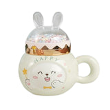 Maxbell Cute Rabbit Coffee Mugs with Lid and Handle Cartoon for Home Party Woman Man White Happy