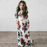 Maxbell Girls Boho Floral Maxi Dress Pleated Causal Long Dress with Pockets 120 White