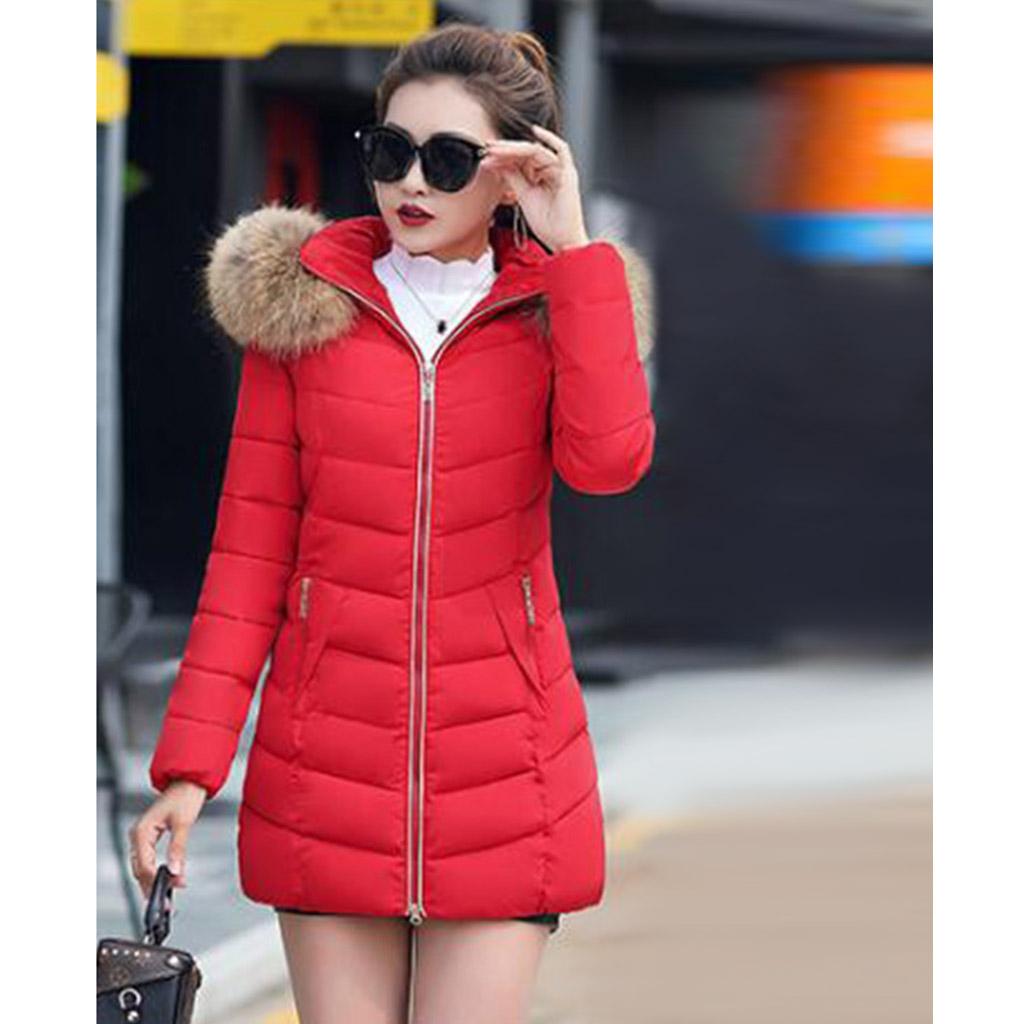 Maxbell women red medium down jackets fluffy collar hoodie coat zipper outwear XL