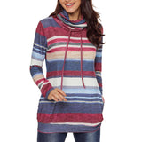 Maxbell Women Cowl Neck Striped Hoodie Long Sleeve Pullover Top with Pocket L Blue