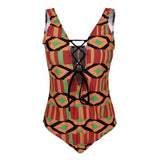 Max Vintage Geometric Prints One Piece Swimsuit Lace Up V Neck Swimwear 3XL