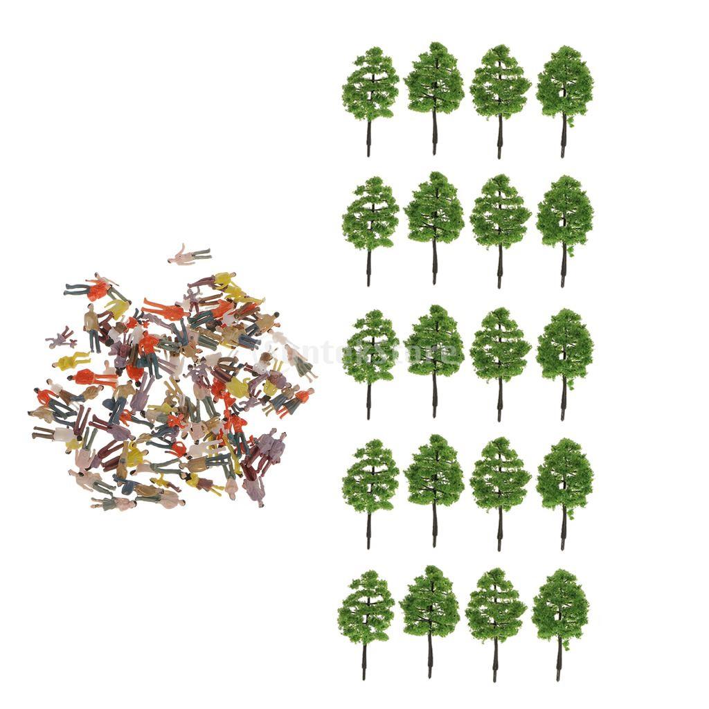 Maxbell 20pcs 8.8cm Green Trees + 100pcs Painted Figure Models Set for Train Railroad Layout Building