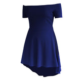 Maxbell Solid Off Shoulder Skater Dress High Low Dress Short Sleeves L Royal Blue