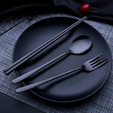 Max Stainless Steel Portable Tableware Chopsticks Fork Spoon Set Black