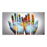 Maxbell 3 Panel World Map on A Pair of Hands Canvas Painting Wall Art for Home Decor