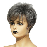 Max 8'' Natural Short Straight Wigs Human Hair Pixie Cut Wig for Women w/Bangs Black Gray