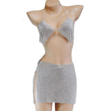 Maxbell Rhinestone bra chain metal split package hip bust skirt body chain Silver