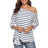 Maxbell Womens Casual Oblique Shoulder Cross Stripe T-shirt with Batwing Sleeve S Blue