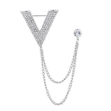 Maxbell Crystal V Brooch Tassel Chain Coat Suit Lapel Pin Shirt Stud Jewlery Silver