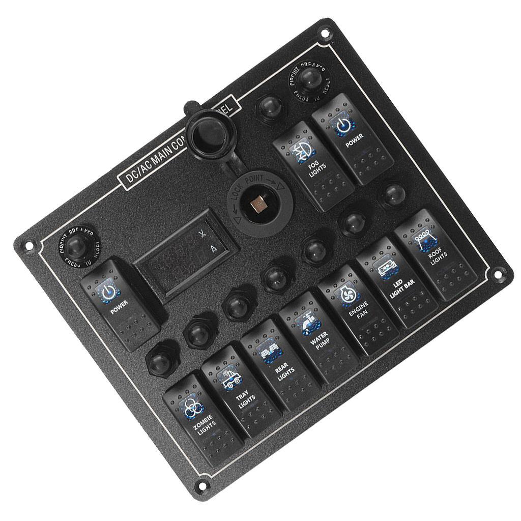 Max 10 Gang Boat Marine Rocker Switch Panel Digital Current Voltage Meter - Aladdin Shoppers