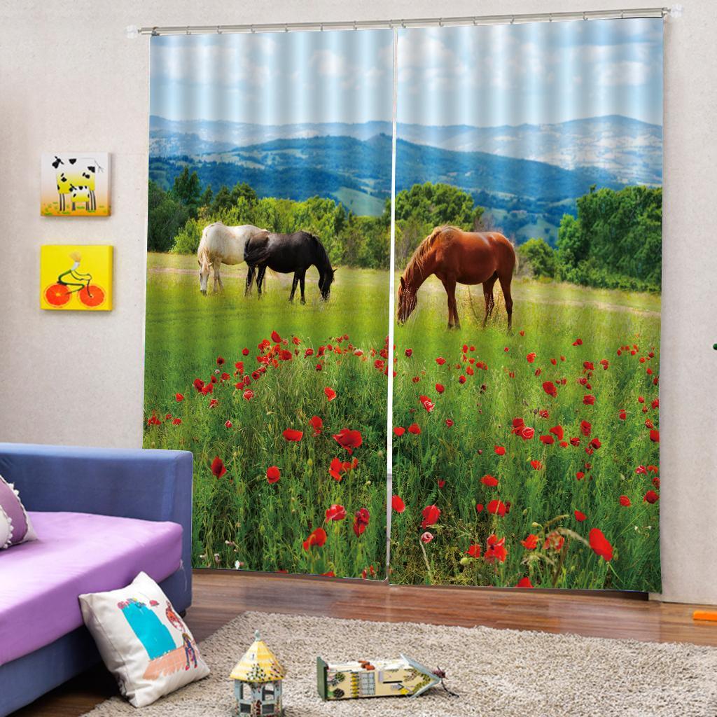 Max 2 Panels Set Teen Animal Decor 3D Print Window Curtain Drapes Horses - Aladdin Shoppers