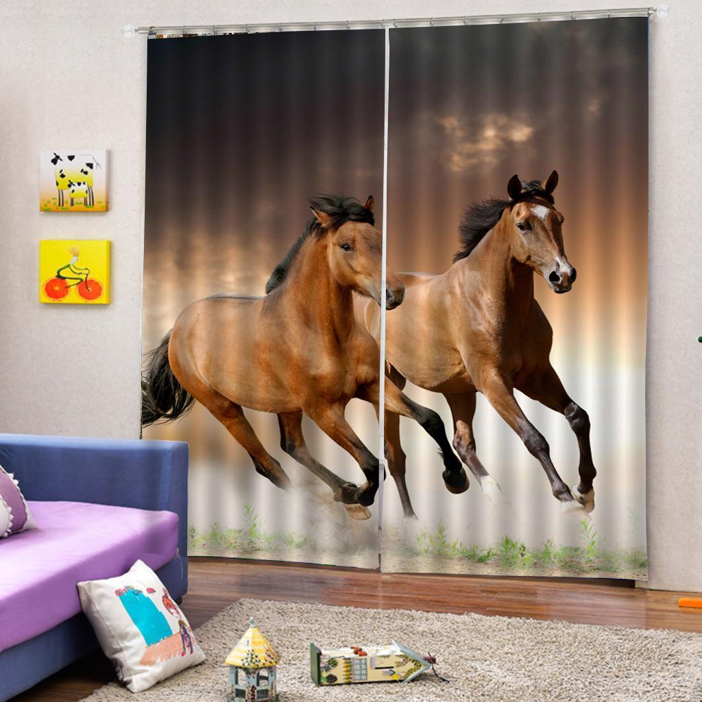 Max 2 Panels Set Teen Animal Decor 3D Print Window Curtain Drapes Running Horse - Aladdin Shoppers