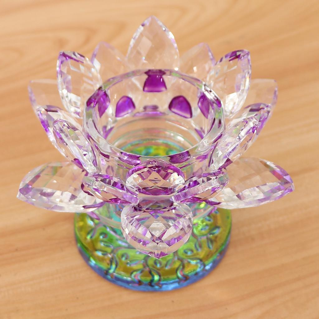 Max 7 Colors Buddhist Crystal Glass Tea Light Lotus Flower Candle Holder Purple - Aladdin Shoppers