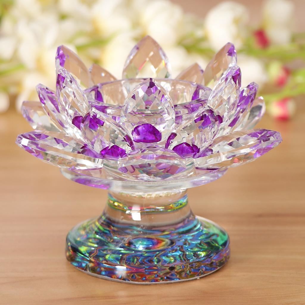 Max 7 Colors Buddhist Crystal Glass Tea Light Lotus Flower Candle Holder Purple - Aladdin Shoppers