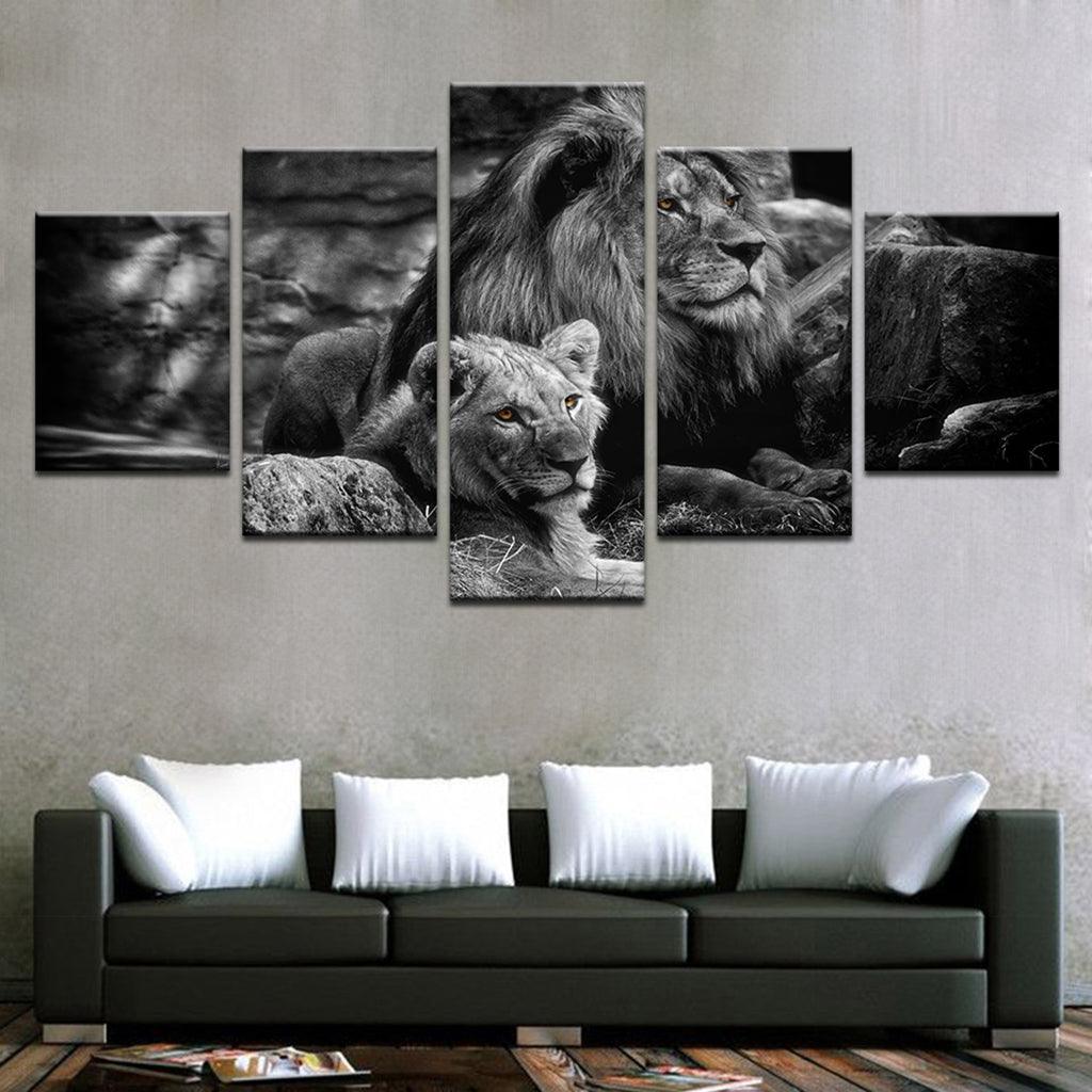 Max HD 5 Panels Modern Style Canvas Paintings Wall Art Decor for Home Black White Lions - Aladdin Shoppers