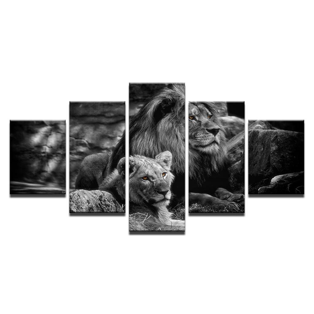Max HD 5 Panels Modern Style Canvas Paintings Wall Art Decor for Home Black White Lions - Aladdin Shoppers