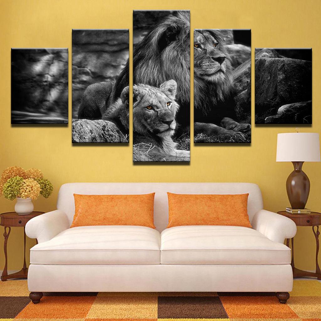 Max HD 5 Panels Modern Style Canvas Paintings Wall Art Decor for Home Black White Lions - Aladdin Shoppers