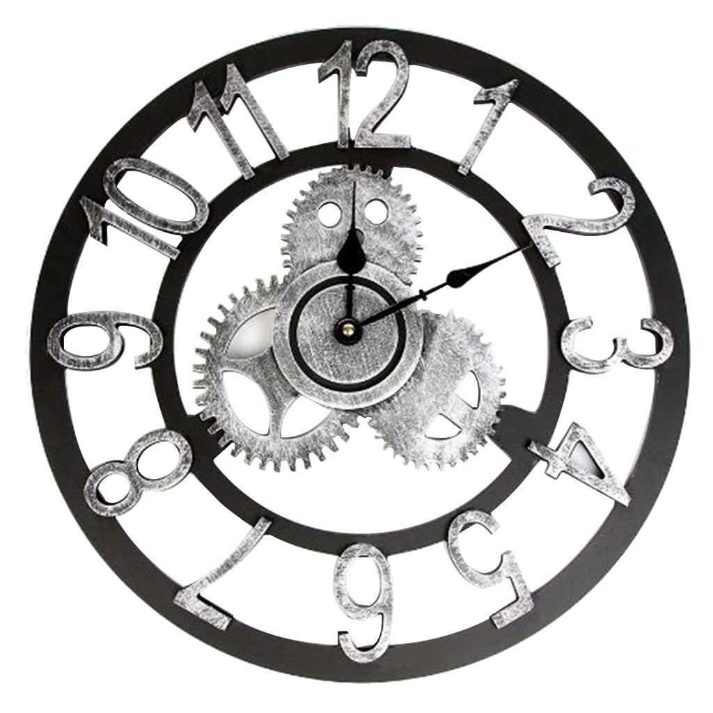 Max Vintage Retro Wooden Wall Clock 12H Display Carved Battery Powered Silver 40cm - Aladdin Shoppers