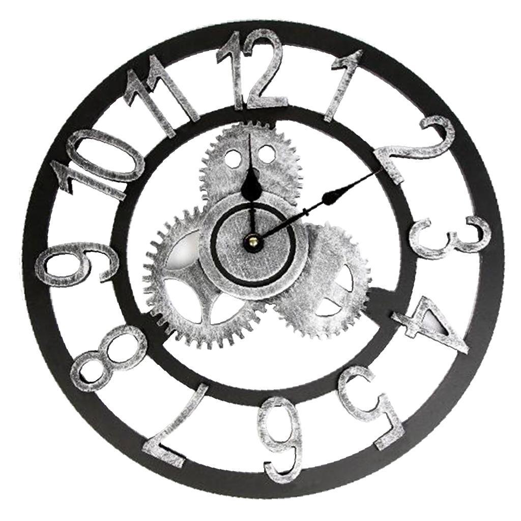 Max Vintage Retro Wooden Wall Clock 12H Display Carved Battery Powered Silver 40cm - Aladdin Shoppers