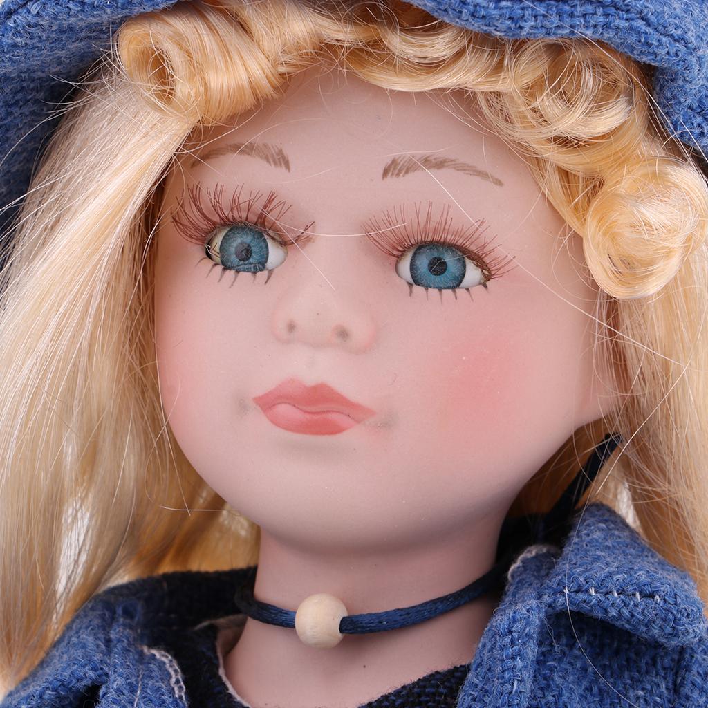 Maxbell 40cm Vintage Porcelain Curly Girl Doll People Figures with Blue Dress Hat - Aladdin Shoppers