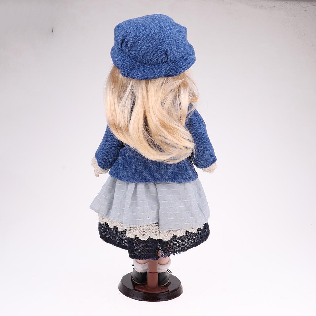 Maxbell 40cm Vintage Porcelain Curly Girl Doll People Figures with Blue Dress Hat - Aladdin Shoppers