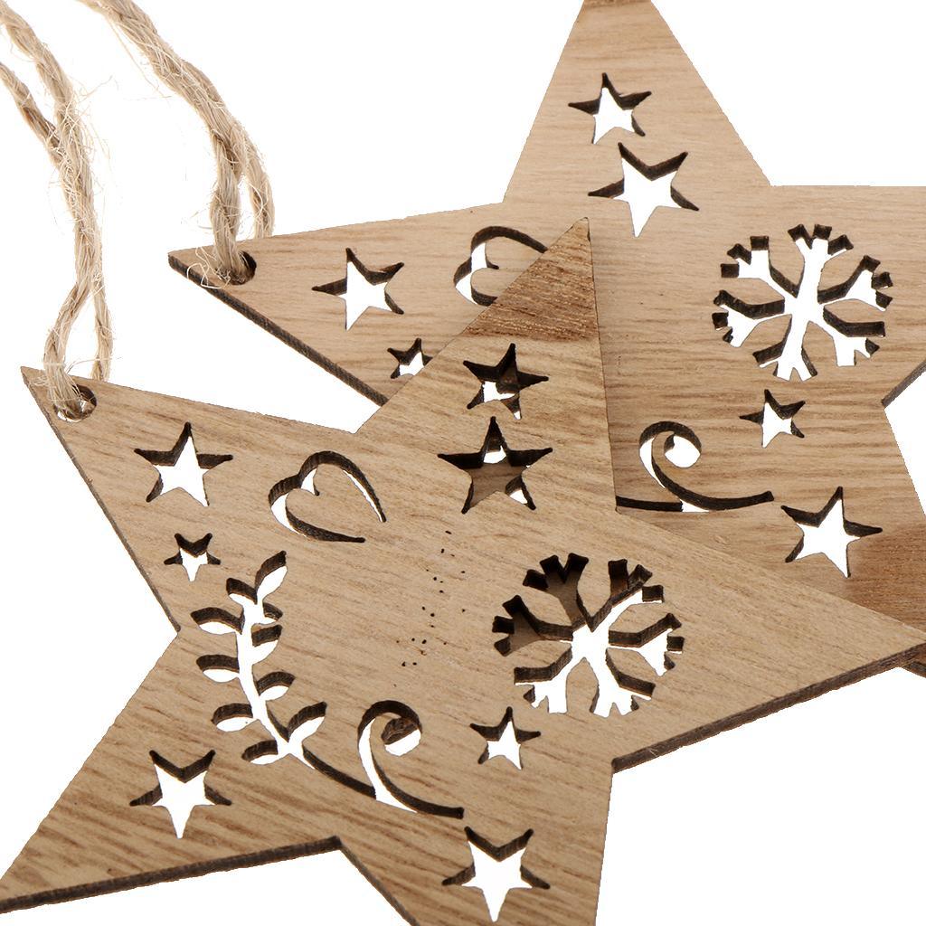 Maxbell 6 Pieces Mixed Natural Wood Star Heart Tree Shape Ornaments Xmas Hanging Decoration - Aladdin Shoppers