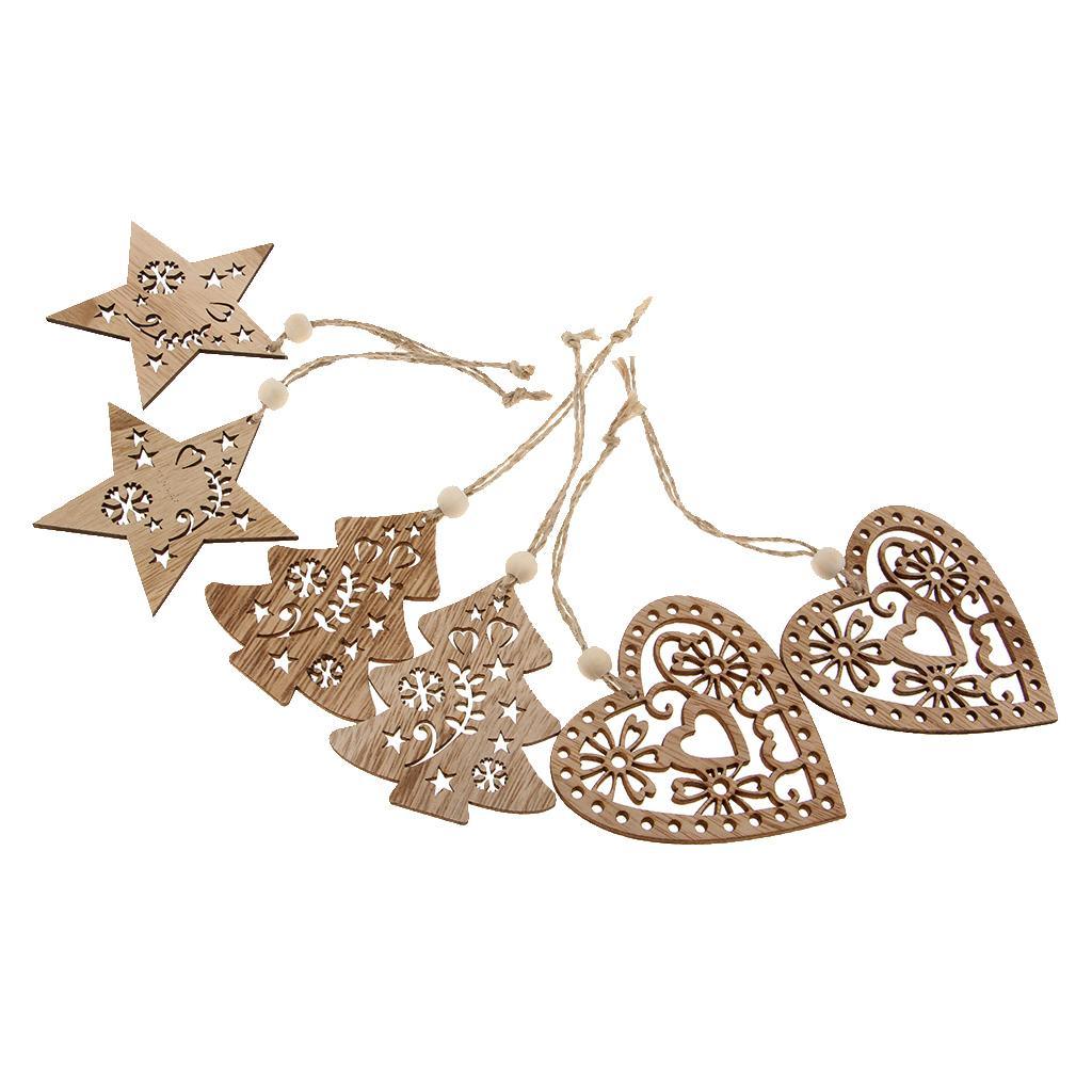 Maxbell 6 Pieces Mixed Natural Wood Star Heart Tree Shape Ornaments Xmas Hanging Decoration - Aladdin Shoppers