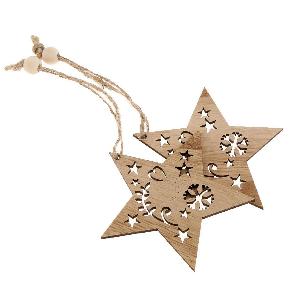 Maxbell 6 Pieces Mixed Natural Wood Star Heart Tree Shape Ornaments Xmas Hanging Decoration - Aladdin Shoppers