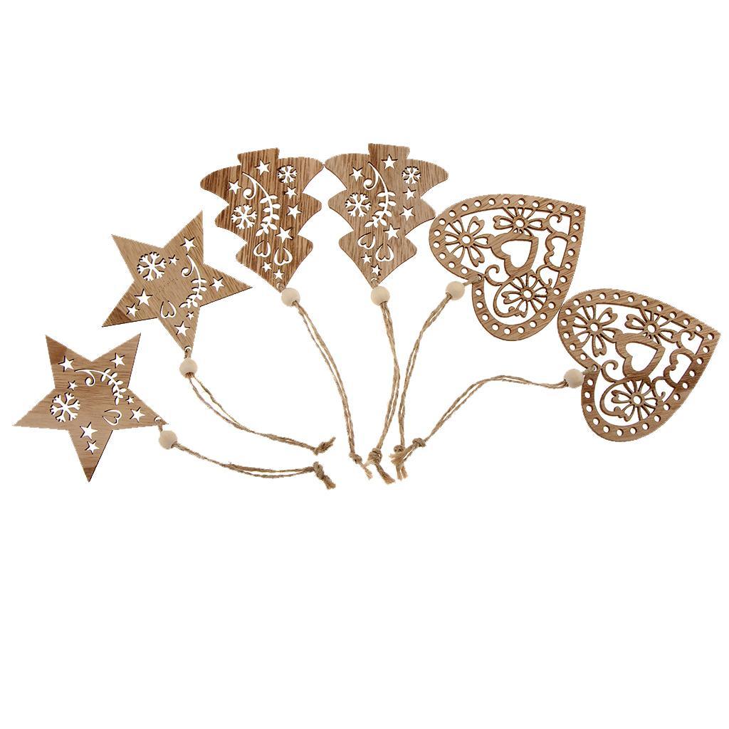 Maxbell 6 Pieces Mixed Natural Wood Star Heart Tree Shape Ornaments Xmas Hanging Decoration - Aladdin Shoppers