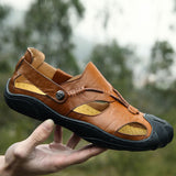 Maxbell Men Breathable Faux Leather Outdoor Non-Slip Beach Shoes Slippers 44 Brown - Aladdin Shoppers