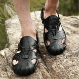 Maxbell Men Breathable Faux Leather Outdoor Non-Slip Beach Shoes Slippers 45 Black - Aladdin Shoppers