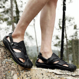 Maxbell Men Breathable Faux Leather Outdoor Non-Slip Beach Shoes Slippers 45 Black - Aladdin Shoppers