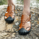 Maxbell Men Breathable Faux Leather Outdoor Non-Slip Beach Shoes Slippers 45 Brown - Aladdin Shoppers