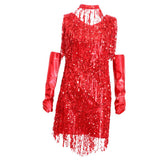 Maxbell V Neck 1920s Sequin Fringe Charleston Flapper Dance Dresses Costumes L red - Aladdin Shoppers